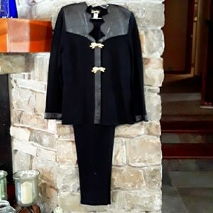 Leather trim Knit pants suit black